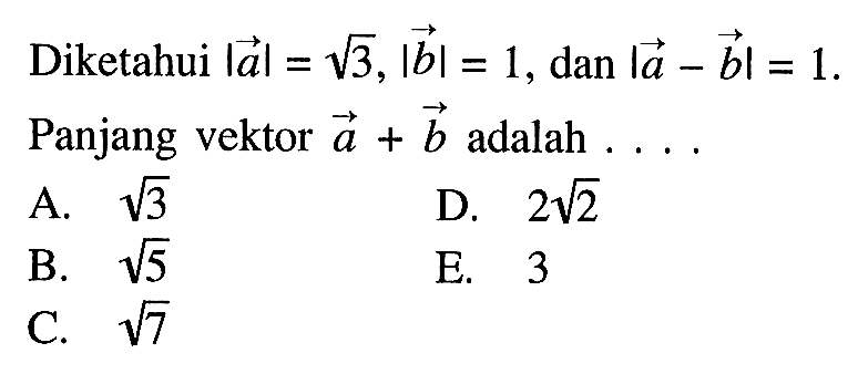 Diketahui  |a|=akar3,|b|=1 , dan  |a-b|=1  Panjang vektor a+b  adalah  ...