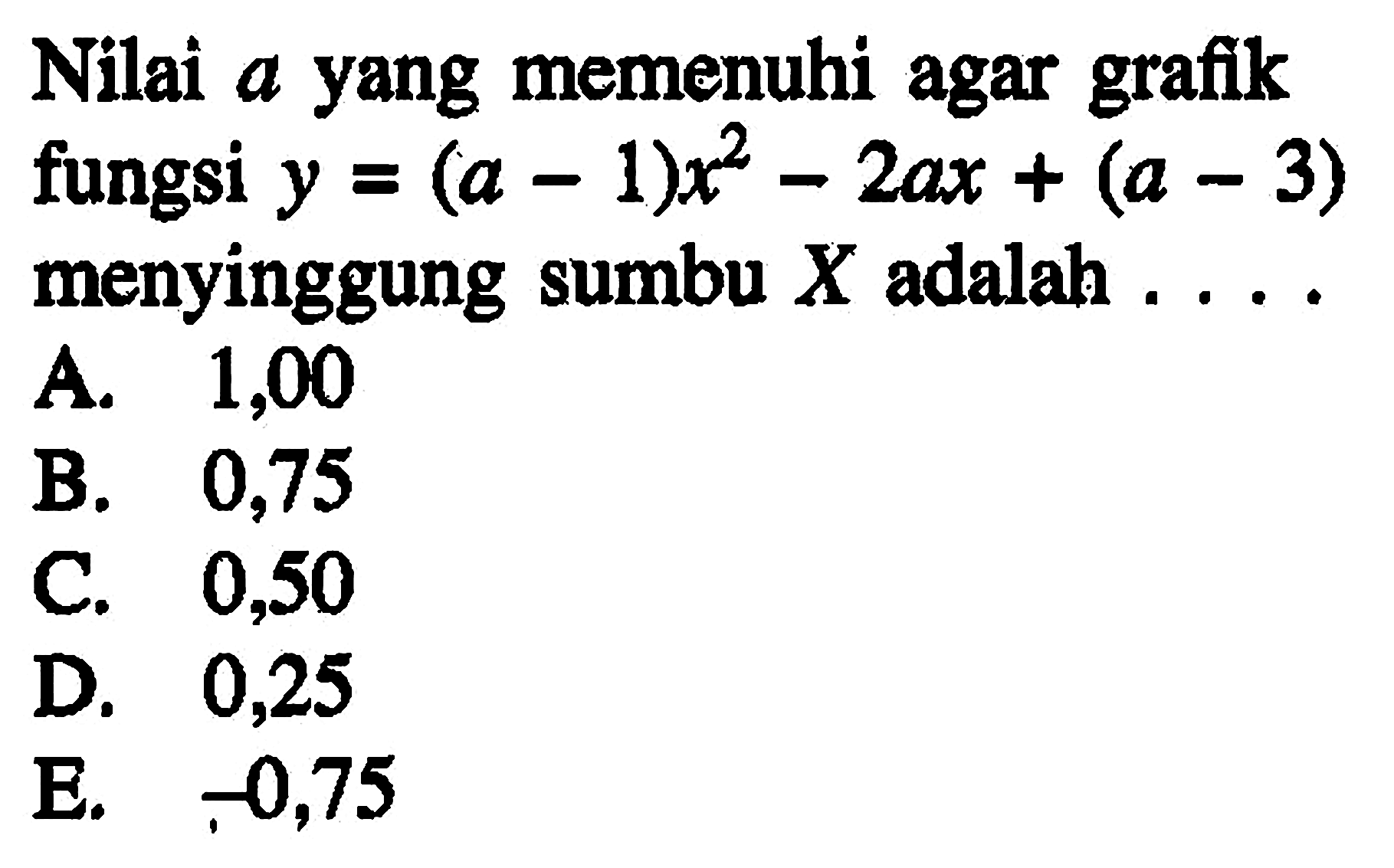 Nilai a yang memenuhi agar grafik fungsi y = (a - 1)x^2 - 2ax + (a - 3) menyinggung sumbu X adalah...