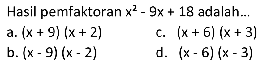 Hasil pemfaktoran x^2-9x+18 adalah... 