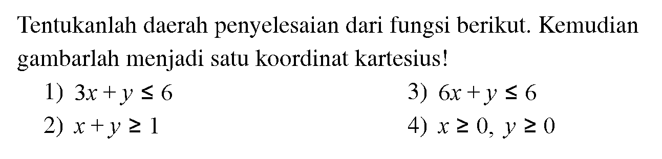 Tentukanlah daerah penyelesaian dari fungsi berikut. Kemudian gambarlah menjadi satu koordinat kartesius! 1) 3x+y<=6 3) 6x+y<=6 2) x+y>=1 4) x>=0, y>=0