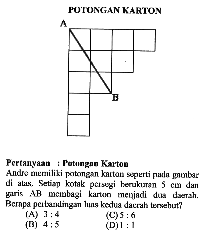 POTONGAN KARTON
A B
Pertanyaan : Potongan Karton
Andre memiliki potongan karton seperti pada gambar di atas. Setiap kotak persegi berukuran  5 cm  dan garis  AB  membagi karton menjadi dua daerah. Berapa perbandingan luas kedua daerah tersebut?
(A)  3:4 
(C)  5:6 
(B)  4:5 
(D)  1:1 