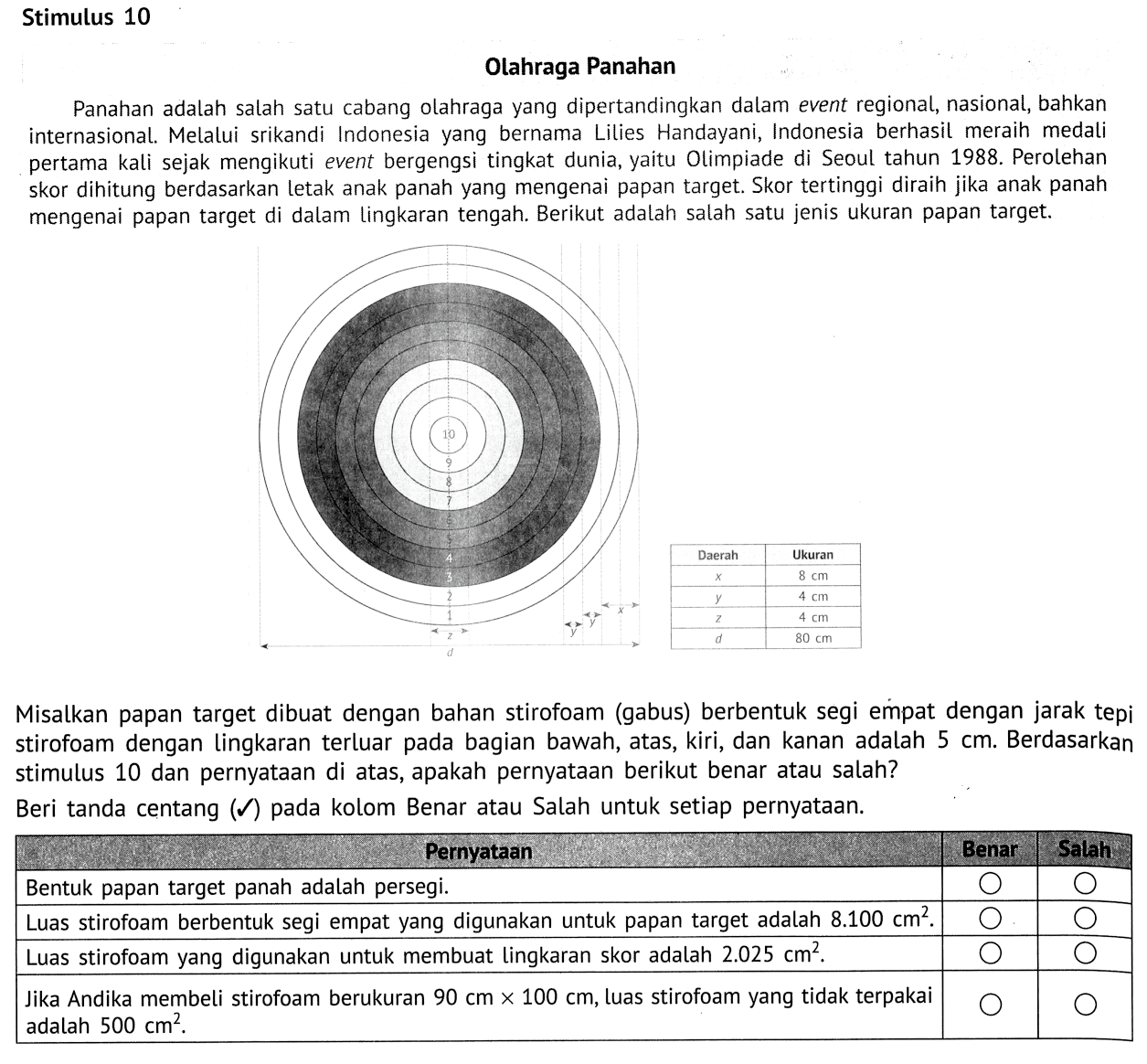 Stimulus 10
Olahraga Panahan
Panahan adalah salah satu cabang olahraga yang dipertandingkan dalam event regional, nasional, bahkan internasional. Melalui srikandi Indonesia yang bernama Lilies Handayani, Indonesia berhasil meraih medali pertama kali sejak mengikuti event bergengsi tingkat dunia, yaitu Olimpiade di Seoul tahun 1988 . Perolehan skor dihitung berdasarkan letak anak panah yang mengenai papan target. Skor tertinggi diraih jika anak panah mengenai papan target di dalam lingkaran tengah. Berikut adalah salah satu jenis ukuran papan target.
x y y z d 1 2 3 4 5 6 7 8 9 10 
Daerah Ukuran 
x  8 cm
y  4 cm 
z  4 cm
d  60 cm 
Misalkan papan target dibuat dengan bahan stirofoam (gabus) berbentuk segi empat dengan jarak tepi stirofoam dengan lingkaran terluar pada bagian bawah, atas, kiri, dan kanan adalah  5 cm . Berdasarkan stimulus 10 dan pernyataan di atas, apakah pernyataan berikut benar atau salah?
Beri tanda centang  (v)  pada kolom Benar atau Salah untuk setiap pernyataan.

  Pernyataan   Benar  Salah 
 Bentuk papan target panah adalah persegi.   
 Luas stirofoam berbentuk segi empat yang digunakan untuk papan target adalah  8.100 cm^2 .  
 Luas stirofoam yang digunakan untuk membuat lingkaran skor adalah  2.025 cm^2 .  
 Jika Andika membeli stirofoam berukuran  90 cm x 100 cm , luas stirofoam yang tidak terpakai adalah  500 cm^2.   

