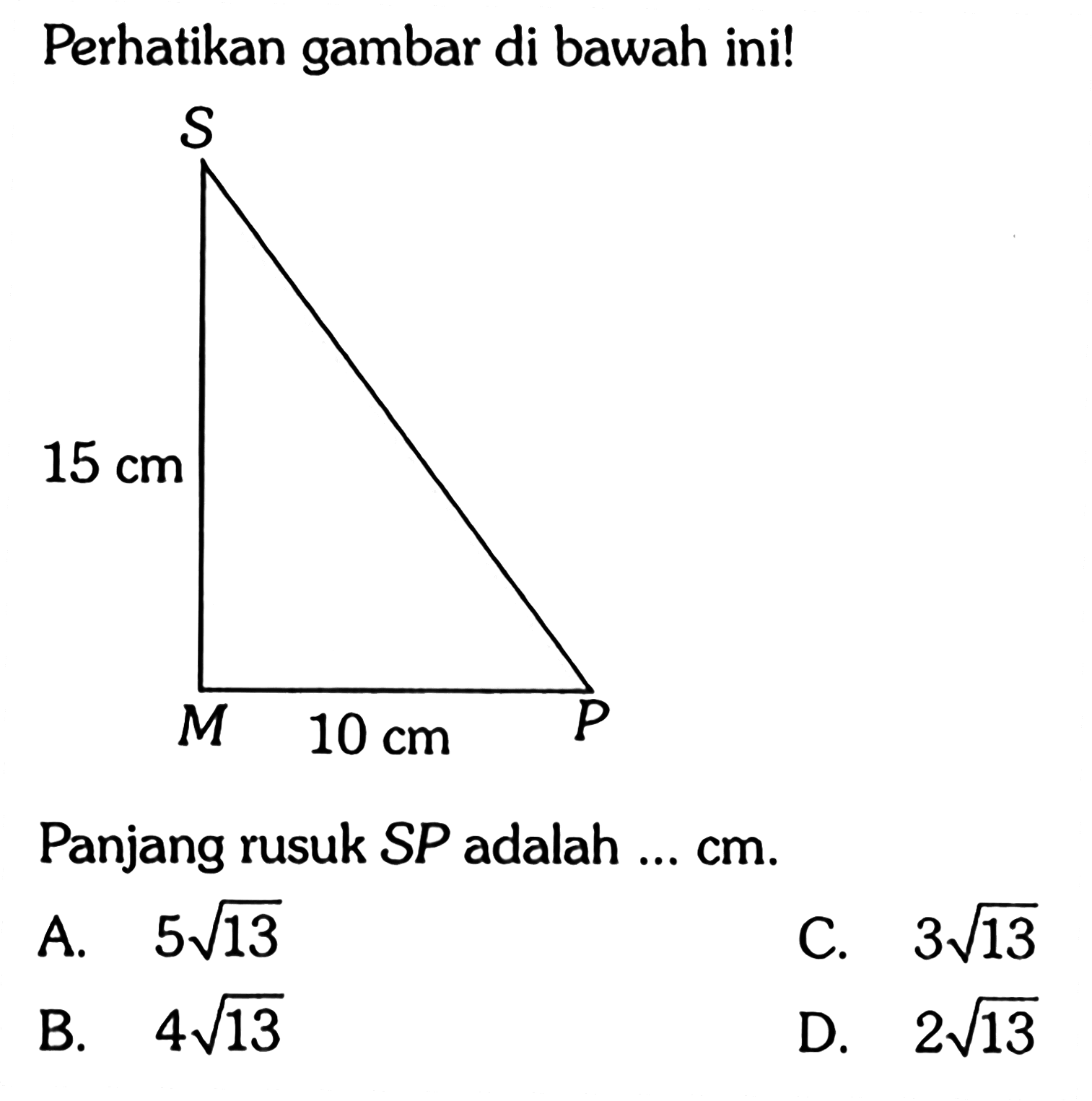 Perhatikan gambar di bawah ini ! 15 cm 10 cm Panjang rusuk SP adalah .... cm