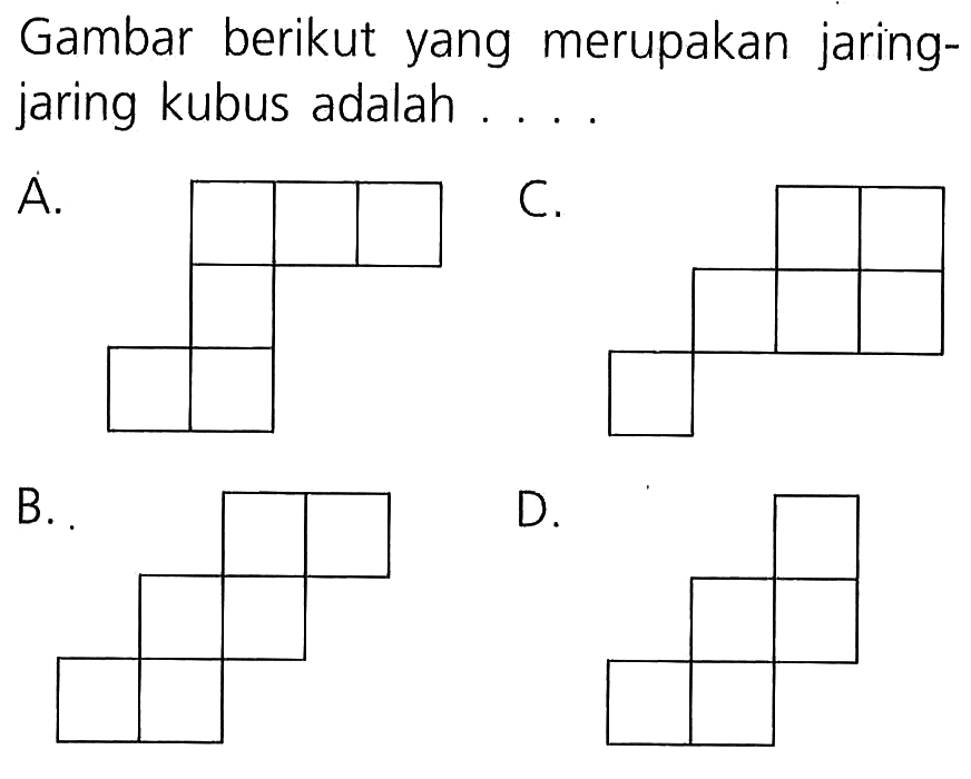 Gambar berikut yang merupakan jaring- jaring kubus adalah A C. B_ D