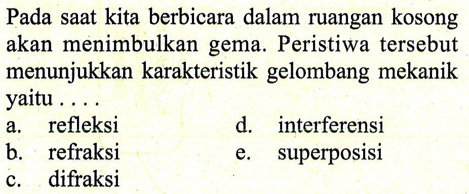 Pada saat kita berbicara dalam ruangan kosong akan menimbulkan gema. Peristiwa tersebut menunjukkan karakteristik gelombang mekanik yaitu .... a. refleksi d. interferensi b. refraksi e. superposisi c. difraksi