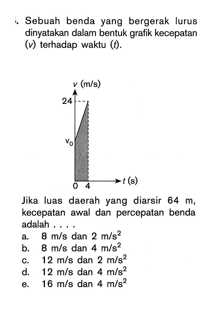i. Sebuah benda yang bergerak lurus dinyatakan dalam bentuk grafik kecepatan (v) terhadap waktu  (t). 24 vo 4 
Jika luas daerah yang diarsir  64 m, kecepatan awal dan percepatan benda adalah .... 
