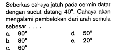Seberkas cahaya jatuh pada cermin datar dengan sudut datang  40 .  Cahaya akan mengalami pembelokan dari arah semula sebesar ....