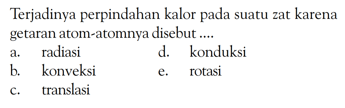 Terjadinya perpindahan kalor pada suatu zat karena getaran atom-atomnya disebut....