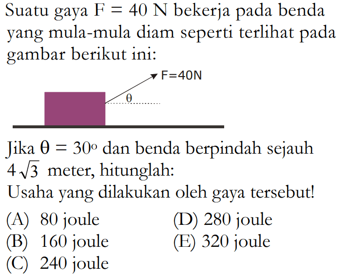 Suatu gaya F=40 N bekerja pada benda yang mula-mula diam seperti terlihat pada gambar berikut ini:Jika theta=30 dan benda berpindah sejauh 4akar(3) meter, hitunglah:Usaha yang dilakukan oleh gaya tersebut!