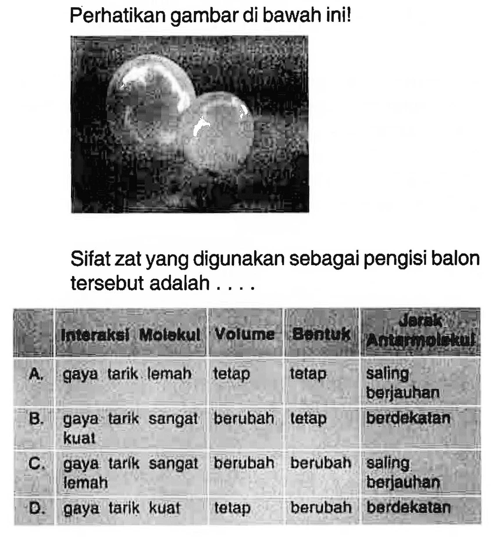 Perhatikan gambar di bawah ini! Sifat zat yang digunakan sebagai pengisi balon tersebut adalah . . . .