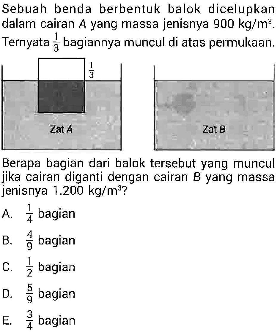 Sebuah benda berbentuk balok dicelupkan dalam cairan A yang massa jenisnya  900 kg/m^3. Ternyata  1/3  bagiannya muncul di atas permukaan.Berapa bagian dari balok tersebut yang muncul jika cairan diganti dengan cairan  B  yang massa jenisnya  1.200 kg/m^3 ?