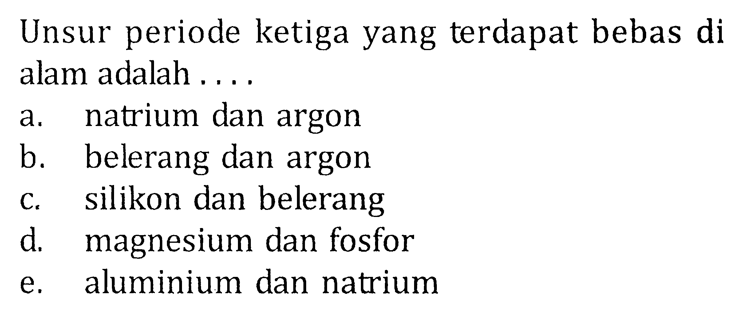 Unsur periode ketiga yang terdapat bebas di alam adalah ...