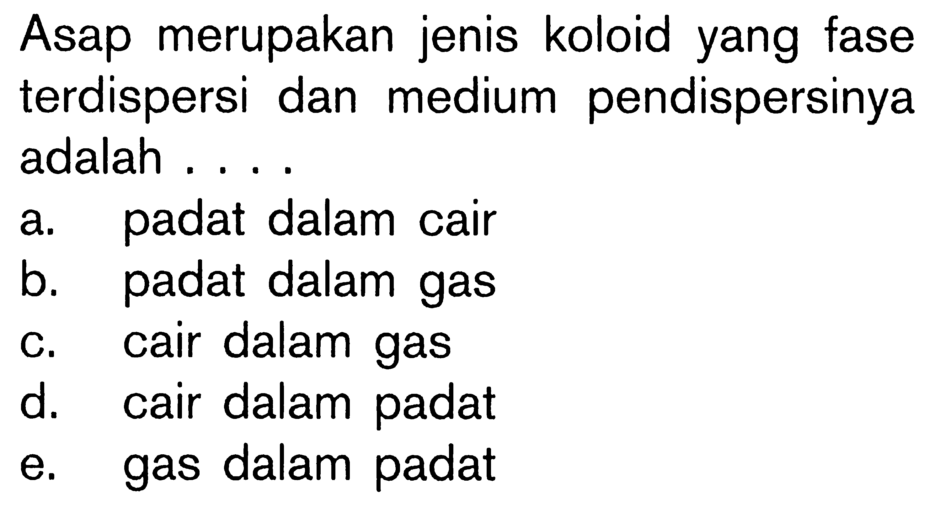 Asap merupakan jenis koloid yang fase terdispersi dan medium pendispersinya adalah ....
a. padat dalam cair
b. padat dalam gas
c. cair dalam gas
d. cair dalam padat
e. gas dalam padat