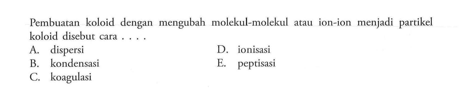 Pembuatan koloid dengan mengubah molekul-molekul atau ion-ion menjadi partikel koloid disebut cara ....