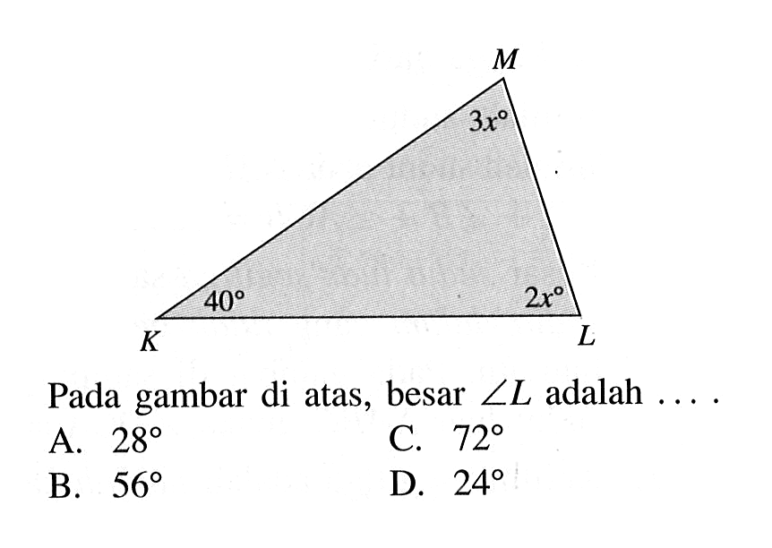 Pada gambar di atas, besar sudut L adalah ....