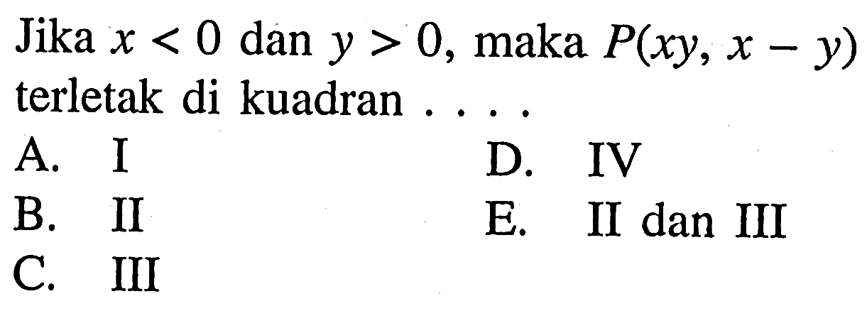 Jika x < 0 dan y > 0, maka P(xy, x - y) terletak di kuadran....