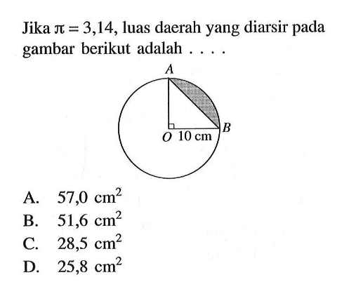 Jika  pi=3,14, luas daerah yang diarsir pada gambar berikut adalah .... 