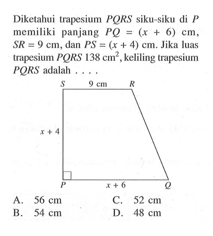 Luas trapesium pada gambar di bawah adalah.10 cm 13 c...
