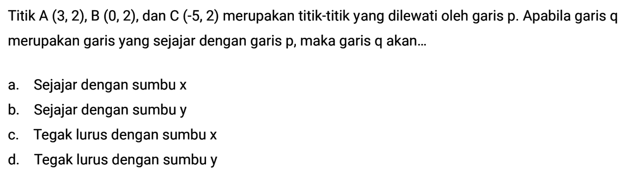 Titik A(3,2), B(0, 2), dan C (-5,2) merupakan titik-titik yang dilewati oleh garis p. Apabila garis q merupakan garis yang sejajar dengan garis p, maka garis q akan... a. Sejajar dengan sumbu x b. Sejajar dengan sumbu y c. Tegak lurus dengan sumbu x d. Tegak lurus dengan sumbu y