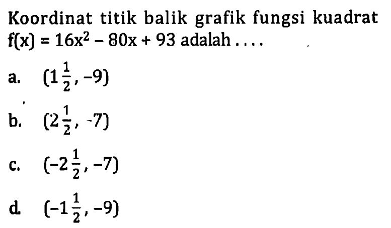 Koordinat titik balik grafik fungsi kuadrat f(x) = 16x^2 - 80x + 93 adalah...