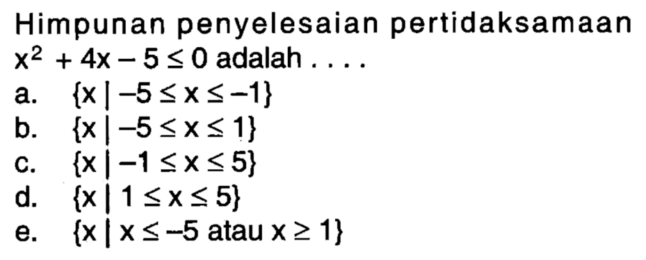Himpunan penyelesaian pertidaksamaan x^2+4x-5<=0 adalah ....