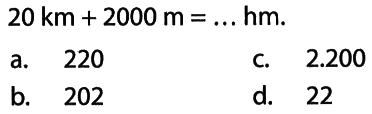 20 km + 2000 m = ... hm.