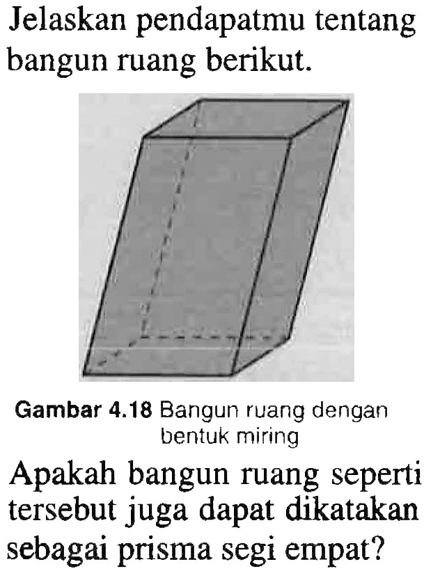 Jelaskan pendapatmu tentang bangun ruang berikut. Gambar 4.18 Bangun ruang dengan bentuk miring Apakah bangun ruang seperti tersebut juga dapat dikatakan sebagai prisma segi empat?