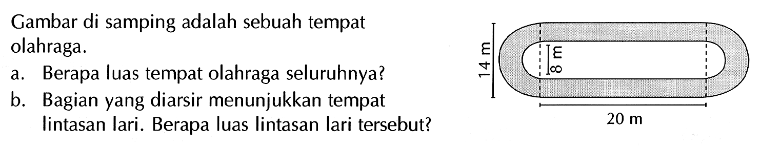 Gambar di samping adalah sebuah tempat olahraga. a. Berapa luas tempat olahraga seluruhnya? b. Bagian yang diarsir menunjukan tempat lintasan lari. Berapa luas lintasan lari tersebut? 14 m 8 m 20 m