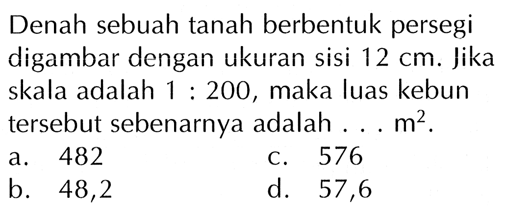 Denah sebuah tanah berbentuk persegi digambar dengan ukuran sisi 12 cm. Jika skala adalah 1 : 200, maka luas kebun tersebut sebenarnya adalah . . . m^2.