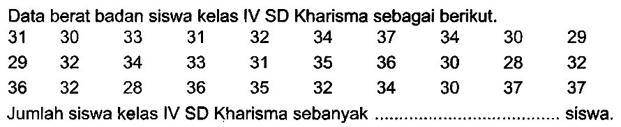 { Data berat badan siswa kelas )   { IV SD Kharisma sebagai berikut. )  31  30  33  31  32  34  37  34  30  29  29  32  34  33  31  35  36  30  28  32  36  32  28  36  35  32  34  30  37  37