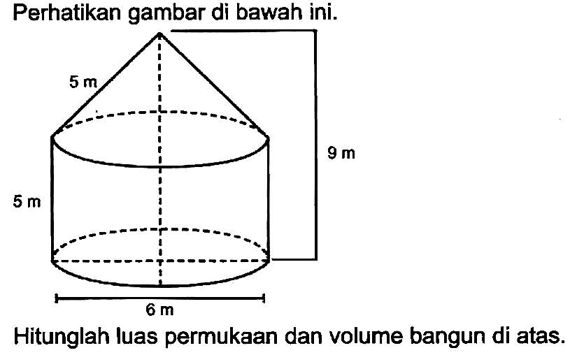 Perhatikan gambar di bawah ini. 5 m 5 m 6 m 9 m Hitunglah luas permukaan dan volume bangun di atas.