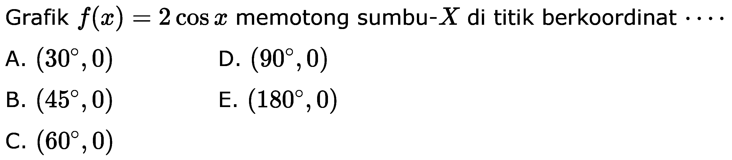 Grafik f(x) = 2 cos x memotong sumbu-X di titik berkoordinat . . . .