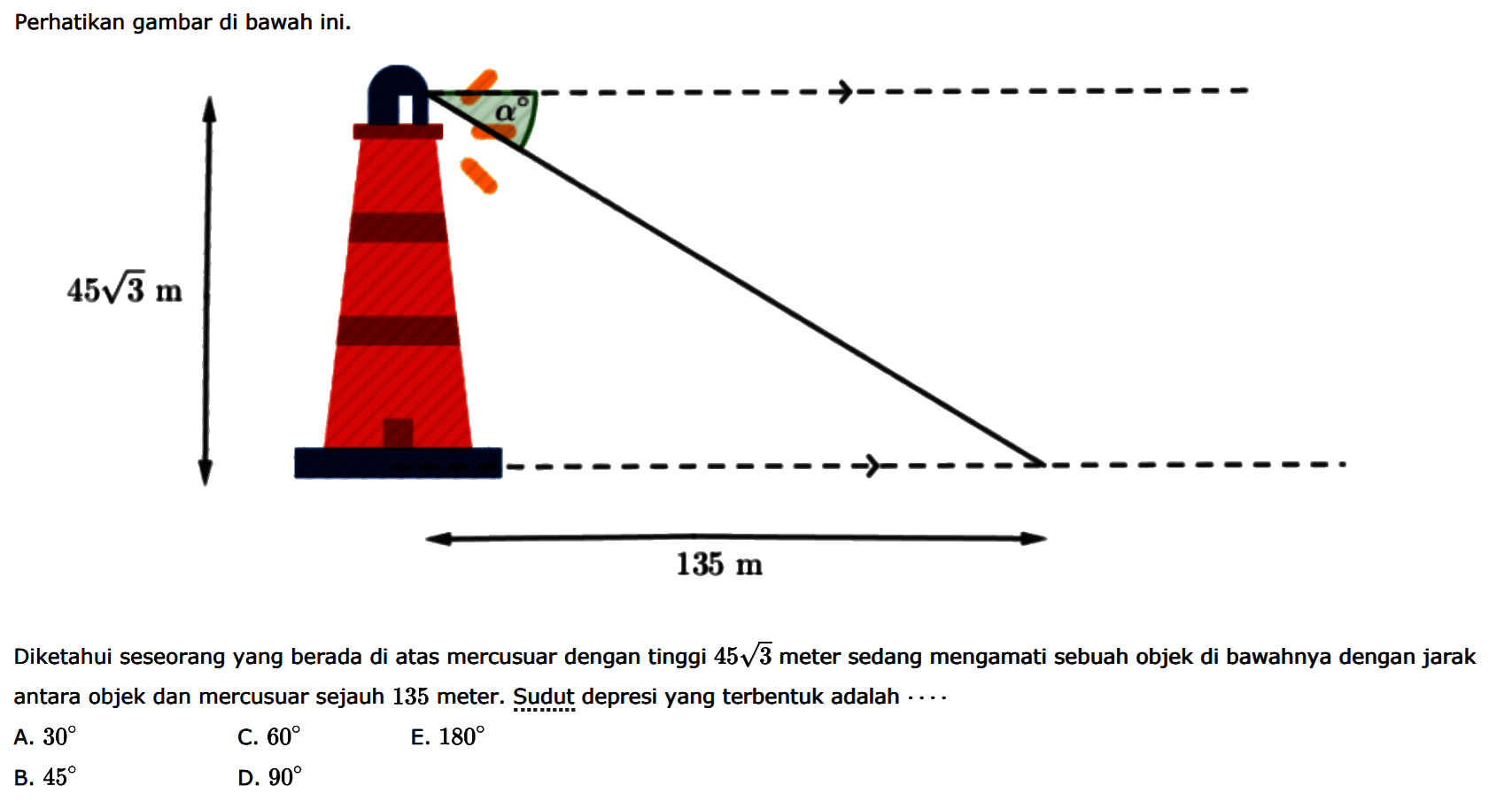 Perhatikan gambar di bawah ini 45akar(3) m 135 m Diketahui seseorang yang berada di atas mercusuar dengan tinggi 45akar(3) meter sedang mengamati sebuah objek di bawahnya dengan jarak antara objek dan mercusuar sejauh 135 meter. Sudut depresi yang terbentuk adalah 