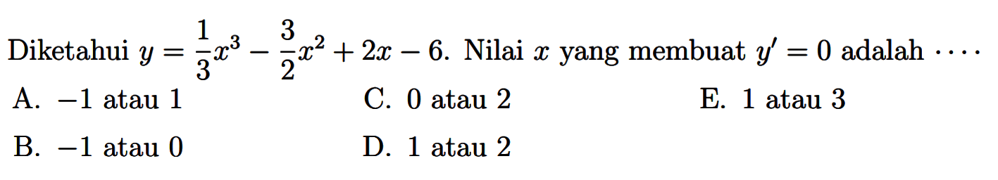 Diketahui y=1/3 x^3-3/2 x^2+2x-6. Nilai x yang membuat y'=0 adalah ....