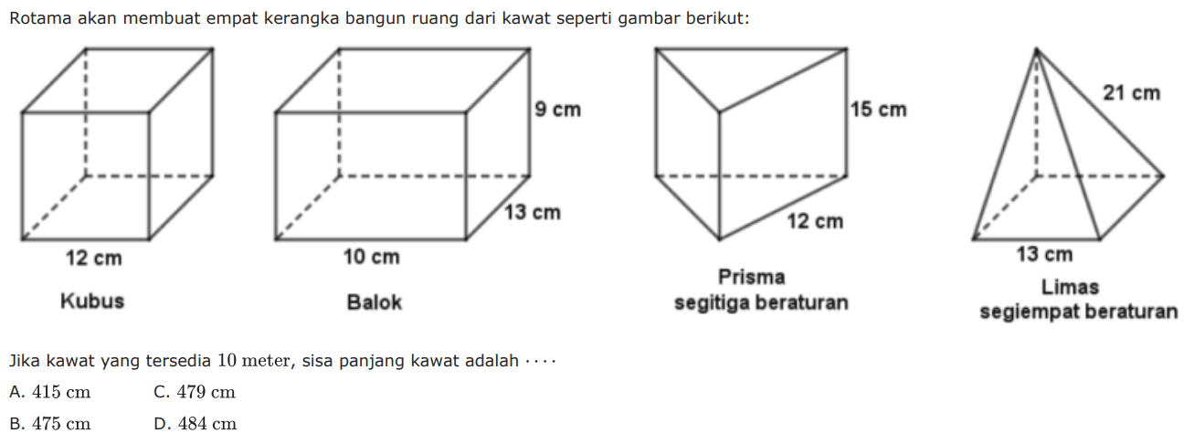 Rotama akan membuat empat kerangka bangun ruang dari kawat seperti gambar berikut:Kubus 12 cmBalok 10 cm 13 cm 9 cm segitiga beraturan 12 cm 15 cmLimas segiempat beraturan 13 cm 21 cmJika kawat yang tersedia 10 meter, sisa panjang kawat adalah  .... 