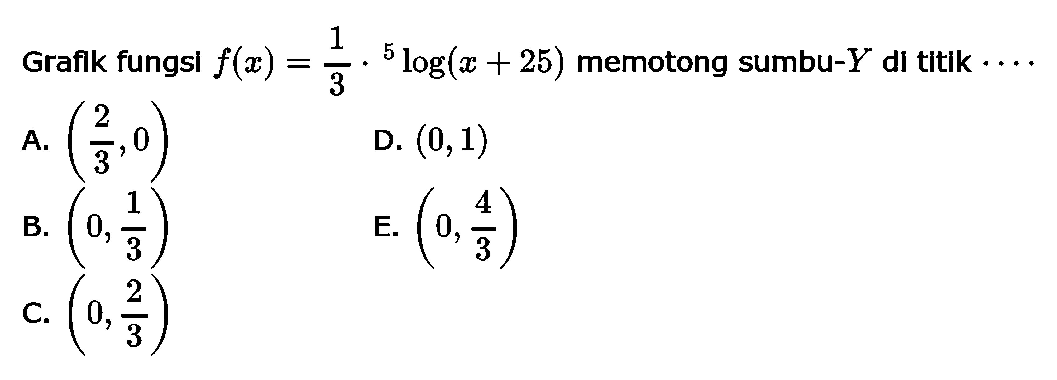 Grafik fungsi f(x)=1/3.5log(x+25) memotong sumbu-Y di titik ....