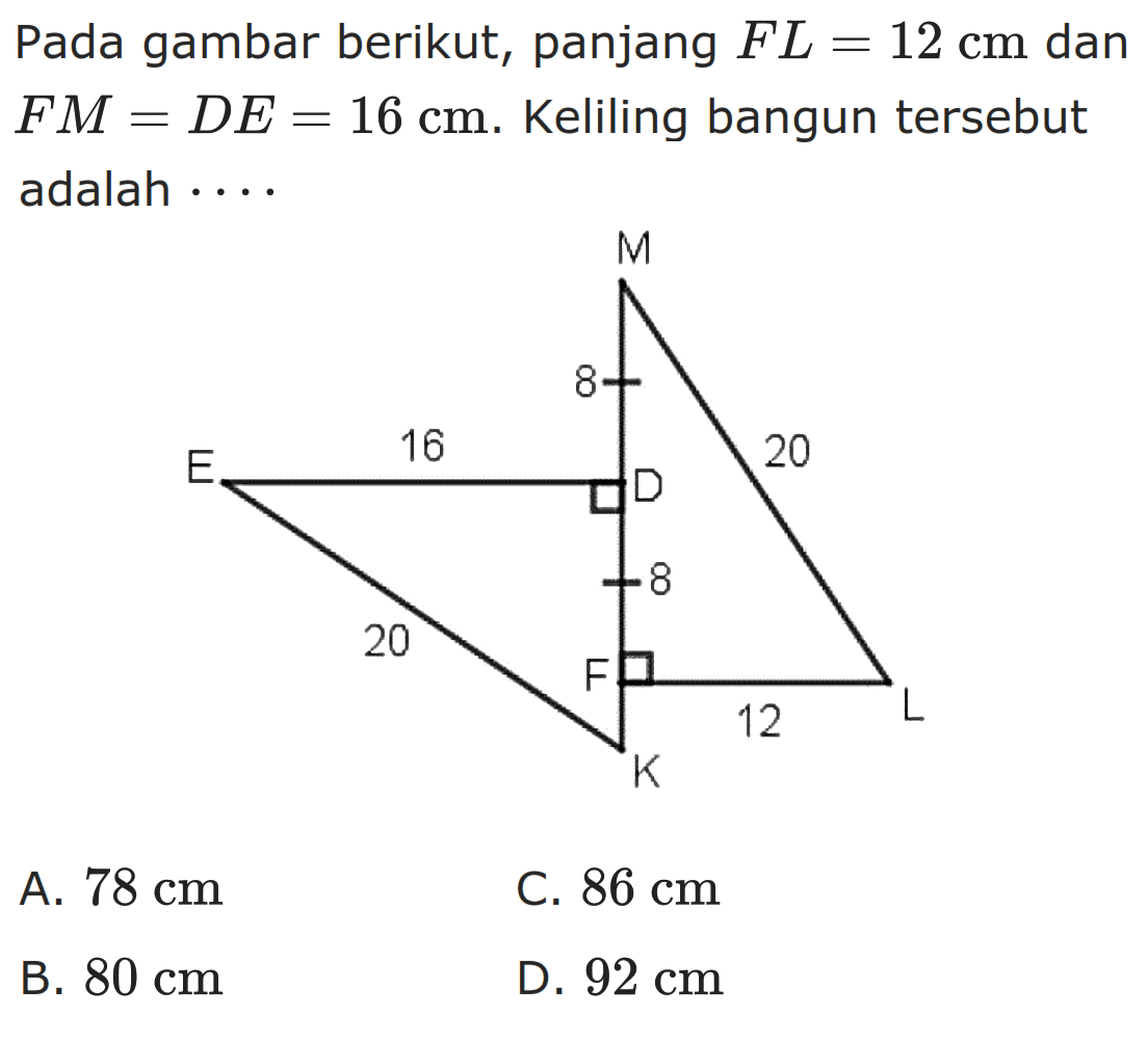 Pada gambar berikut, panjang FL=12 cm dan FM=DE=16 cm.  Keliling bangun tersebut adalah... 16 8 20 20 12