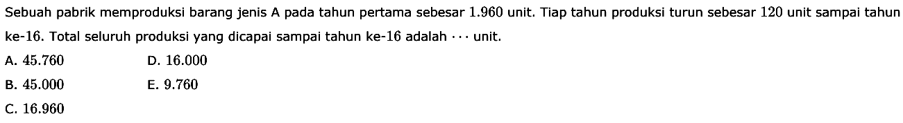 Sebuah pabrik memproduksi barang jenis A pada tahun pertama sebesar 1.960 unit. Tiap tahun produksi turun sebesar 120 unit sampai tahun ke-16. Total seluruh produksi yang dicapai sampai tahun ke-16 adalah .... unit. 