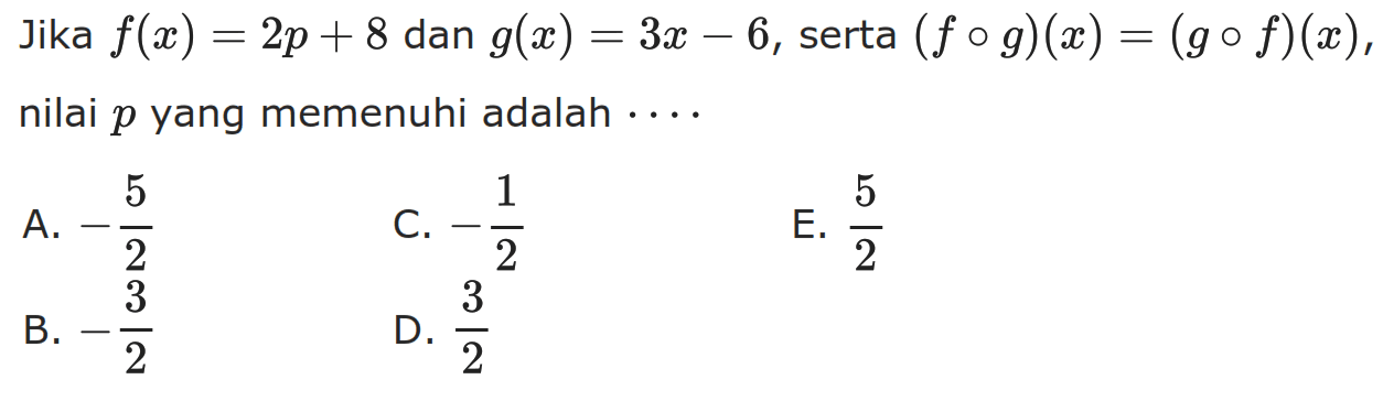 Jika f(x)=2p+8 dan g(x)=3x-6, serta (fog)(x)=(gof)(x), nilai p yang memenuhi adalah  .. .. 