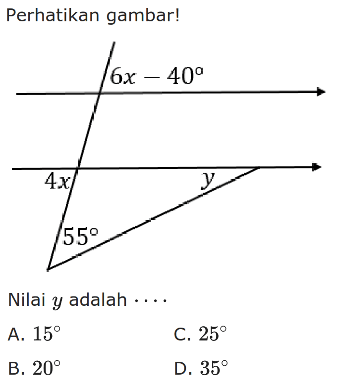 Perhatikan gambar! 6x-40 4x y 55 Nilai y adalah  ... 