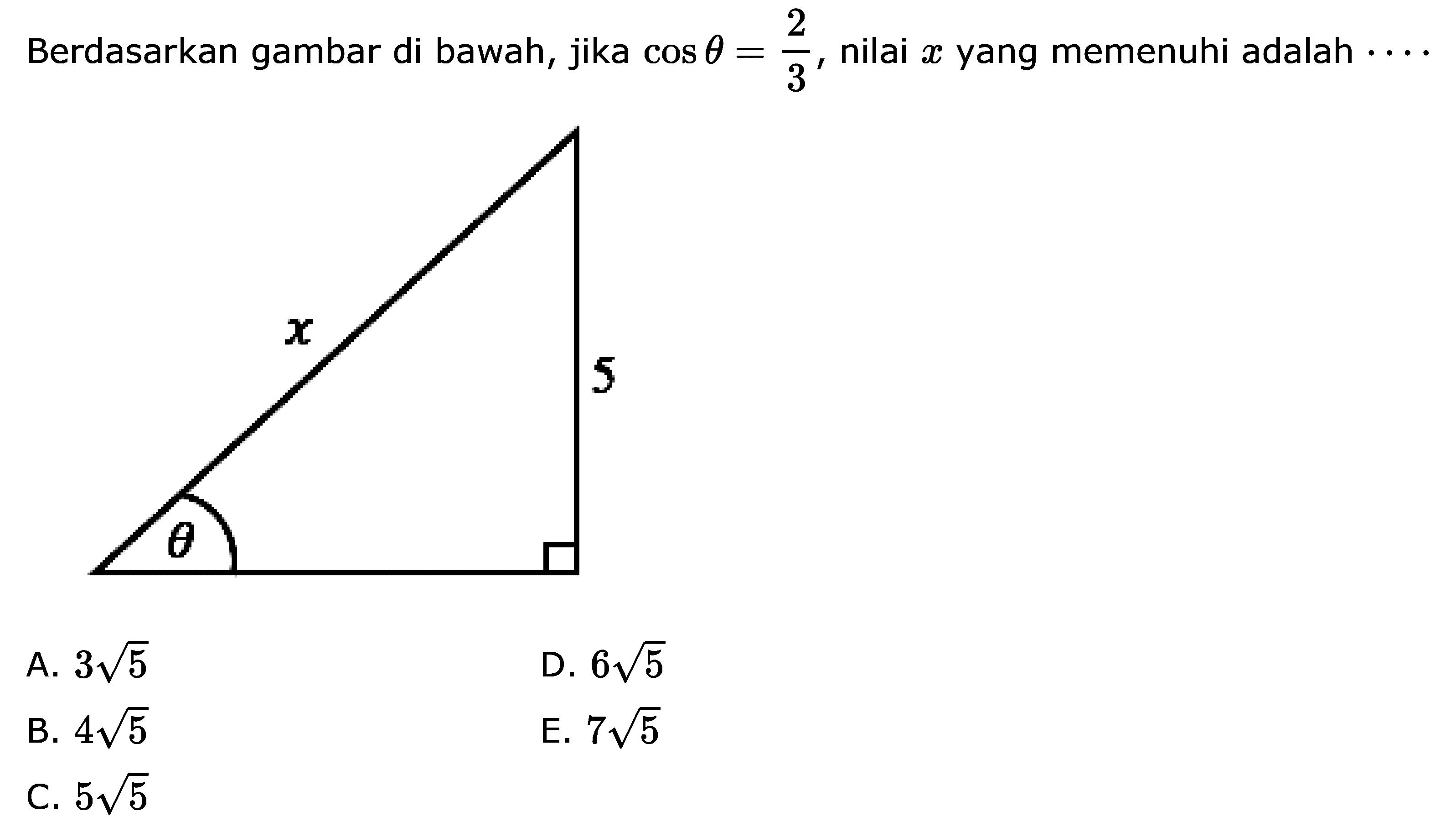 Berdasarkan gambar di bawah, jika cos theta=2/3, nilai x yang memenuhi adalah  .... 