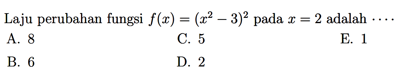 Laju perubahan fungsi  f(x)=(x^2-3)^2  pada  x=2  adalah  ... 