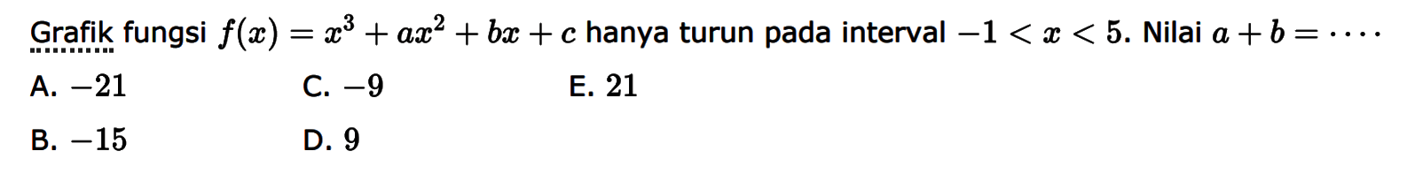 Grafik fungsi f(x)=x^3+ax^2+bx+c hanya turun pada interval -1<x<5. Nilai a+b=... 