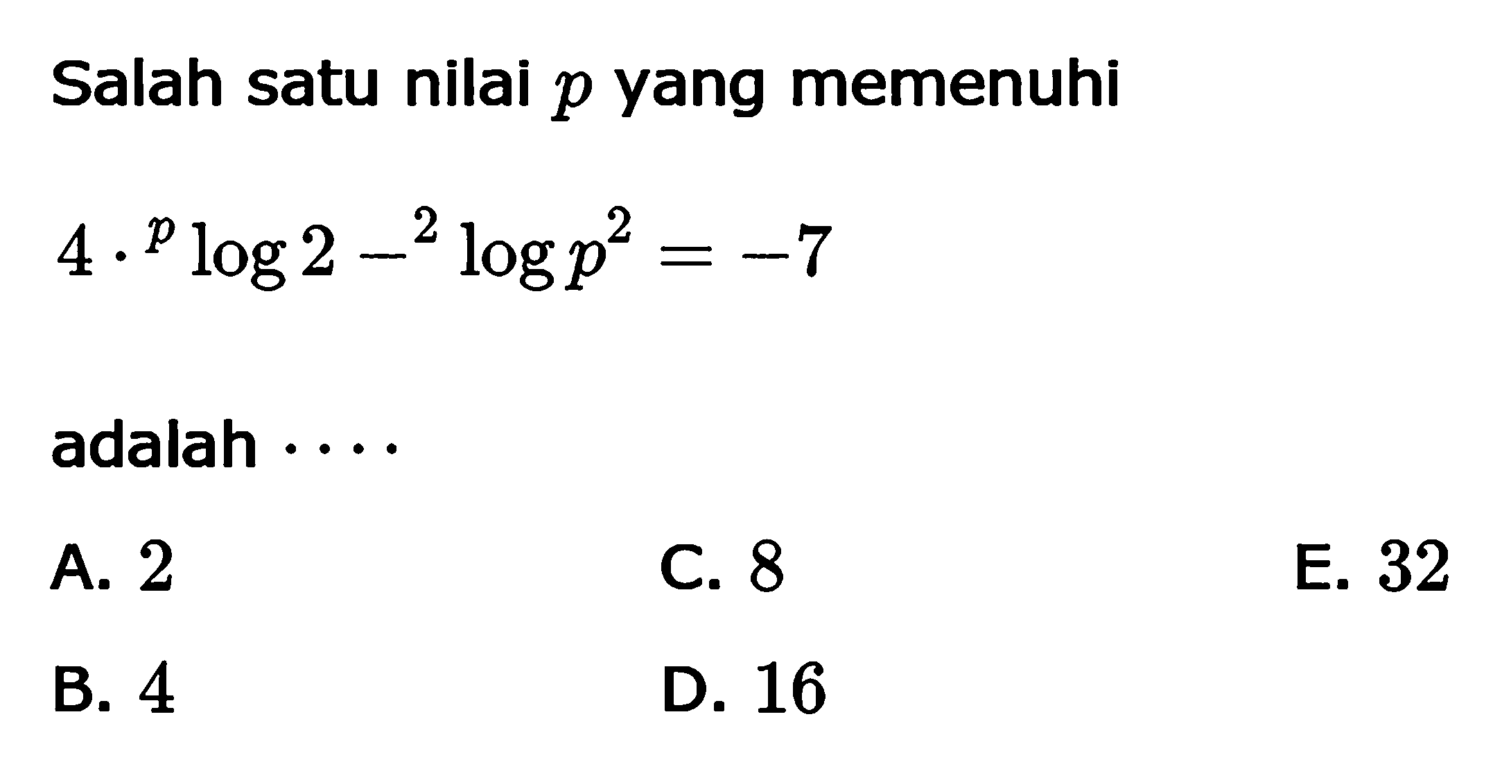 Salah satu nilai p yang memenuhi 4.plog2-2log(p^2)=-7 adalah ....