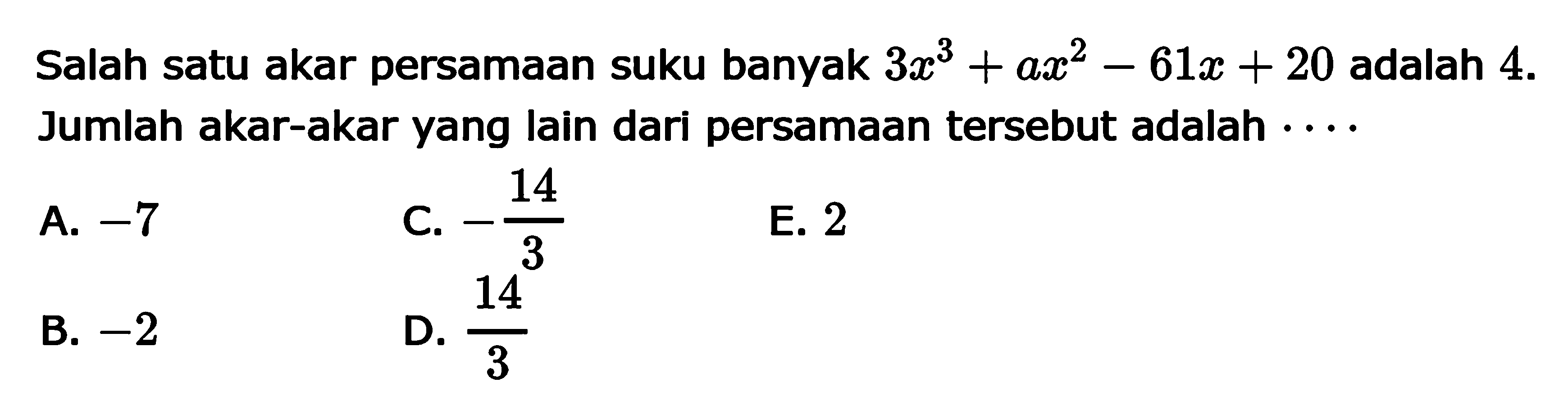 Salah satu akar persamaan suku banyak 3x^3+ax^2-61x+20 adalah 4. Jumlah akar-akar yang lain dari persamaan tersebut adalah ....