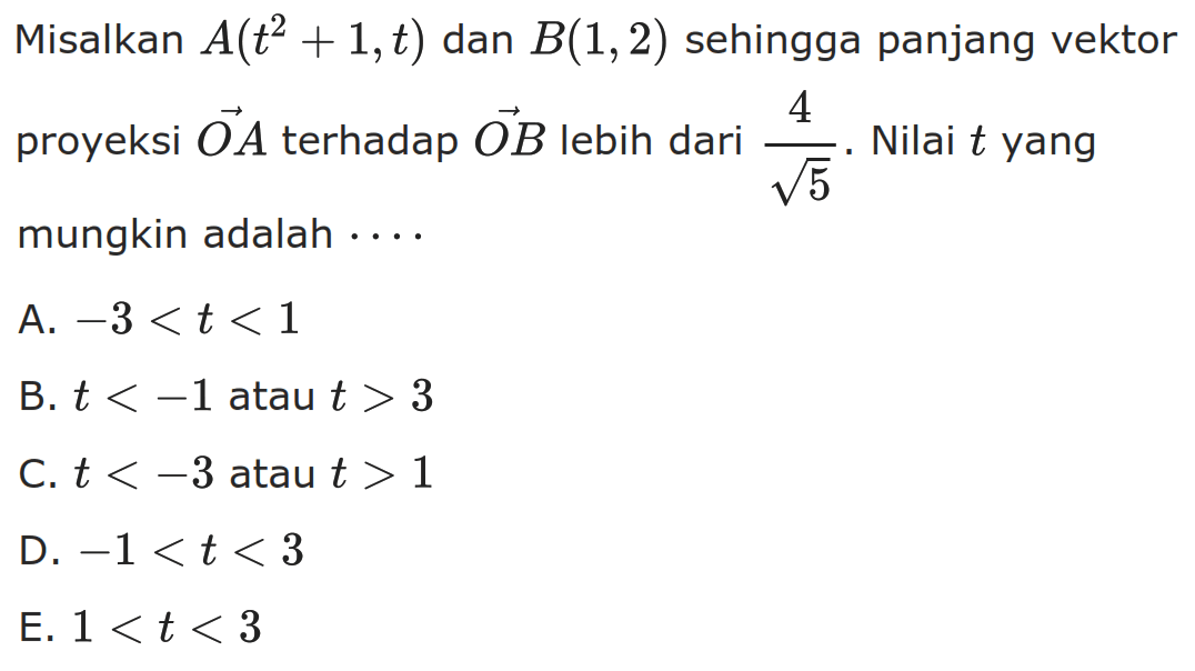 Misalkan A(t^2+1,t) dan B(1,2) sehingga panjang vektor proyeksi vektor OA terhadap vektor OB lebih dari 4/akar(5). Nilai t yang mungkin adalah ...