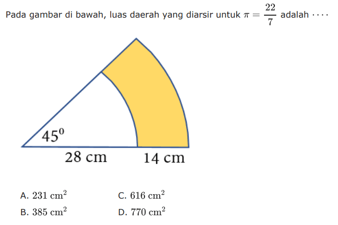 Pada gambar di bawah, luas daerah yang diarsir untuk  pi=22/7 adalah. 45 28 cm 14 cm . 