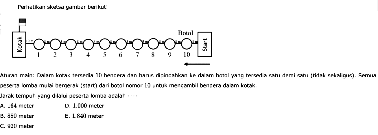 Perhatikan sketsa gambar berikut!Aturan main: Dalam kotak tersedia 10 bendera dan harus dipindahkan ke dalam botol yang tersedia satu demi satu (tidak sekaligus). Semua peserta lomba mulai bergerak (start) dari botol nomor 10 untuk mengambil bendera dalam kotak.Jarak tempuh yang dilalui peserta lomba adalah  ... . 