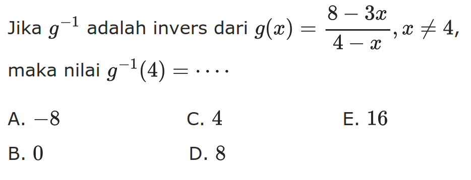 Jika  g^-1  adalah invers dari  g(x)=(8-3 x)/(4-x), x =/= 4  maka nilai  g^-1(4)=... 