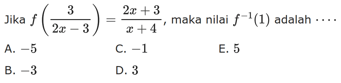 Jika  f(3/2x-3)=2x+3/x+4 , maka nilai  f^-1(1)  adalah  ....